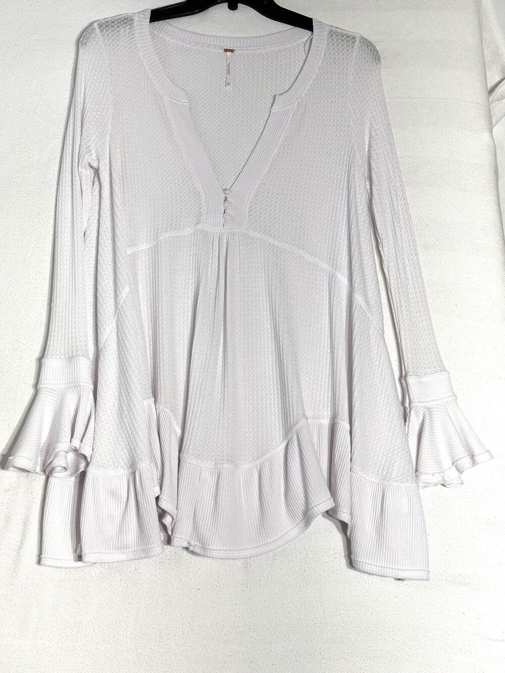 Free People Tunic Women's Size XS Olivia Flare-Sleeve Waffle Knit Olive Stone
